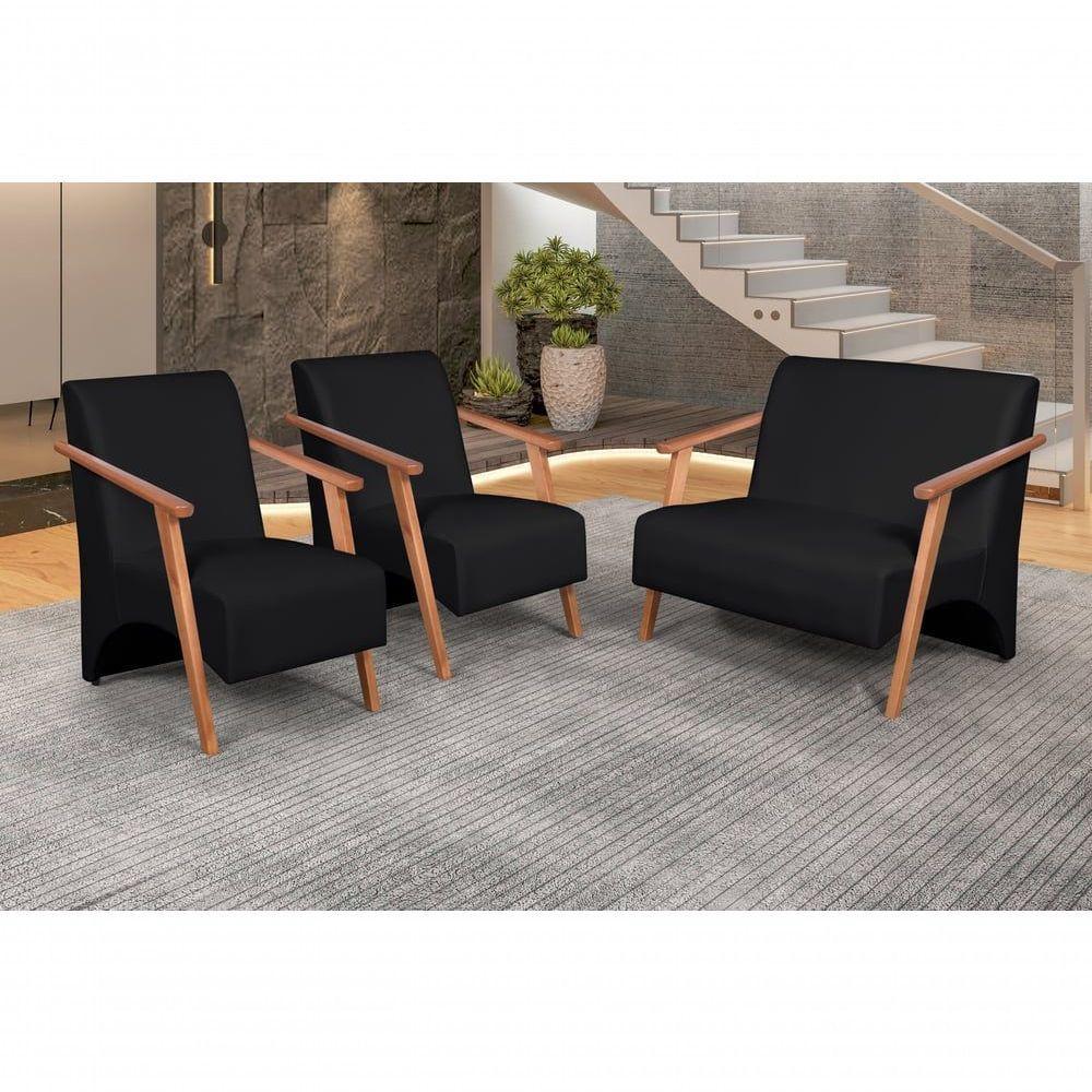 Conjunto Venus Braços Em Madeira Maciça 1 Namoradeira 2 Poltronas Courino Preto - 4