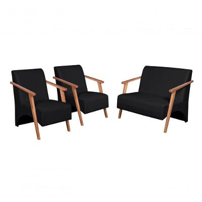 Conjunto Venus Braços Em Madeira Maciça 1 Namoradeira 2 Poltronas Courino Preto