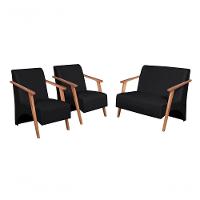 Conjunto Venus Braços Em Madeira Maciça 1 Namoradeira 2 Poltronas Courino Preto - 1