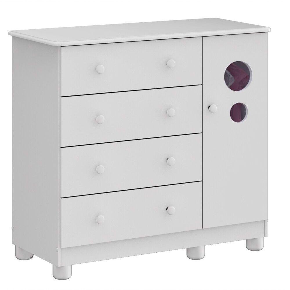 Comoda Infantil 1 Porta 4 Gavetas Bolinha - Moveis Peroba Branco Brilho - 1