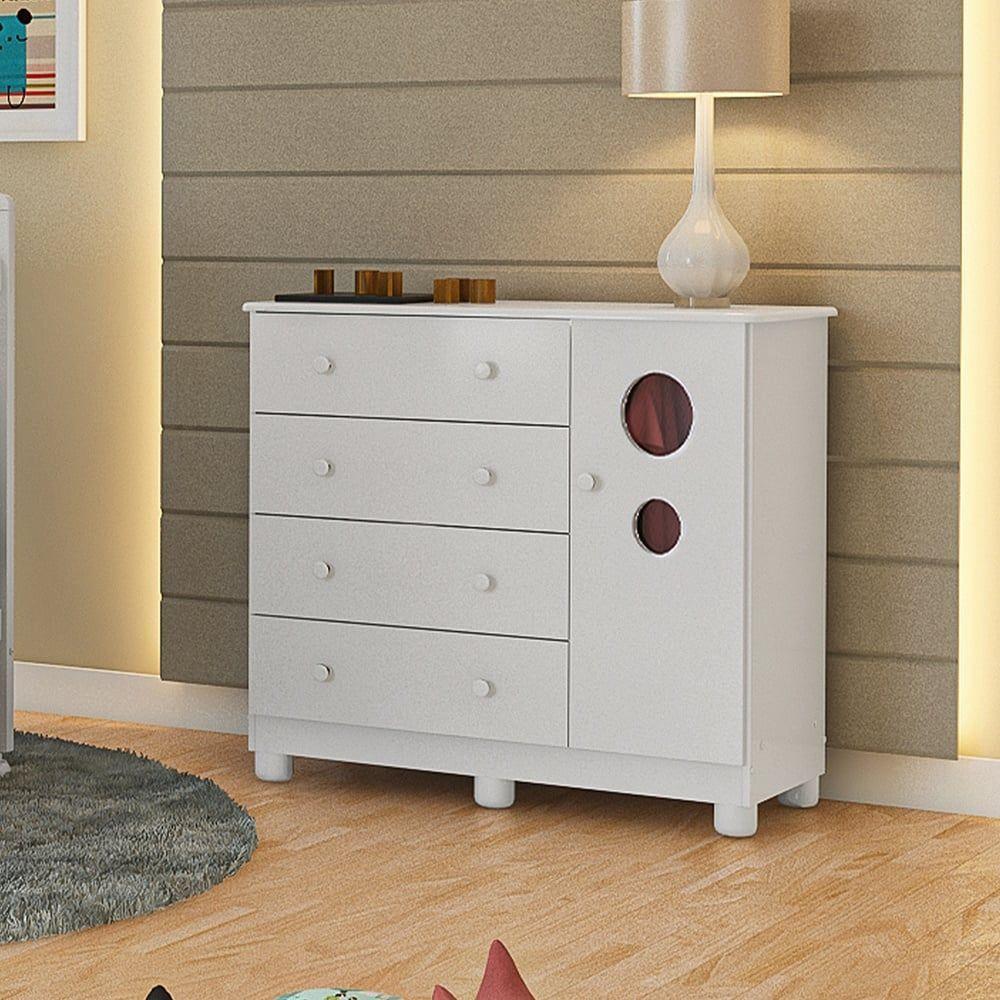 Comoda Infantil 1 Porta 4 Gavetas Bolinha - Moveis Peroba Branco Brilho - 4