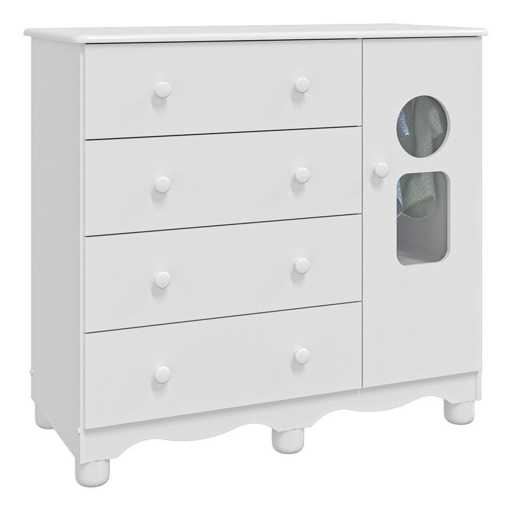 Comoda Infantil 1 Porta 4 Gavetas Tedy - Moveis Peroba Branco Brilho - 1