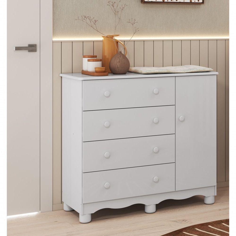 Comoda Junior New 1 Porta 4 Gavetas - Moveis Peroba Branco Brilho - 4