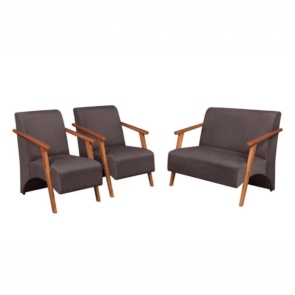 Conjunto Venus Braços Em Madeira Maciça 1 Namoradeira 2 Poltronas Suede Unidecor Marrom - 1