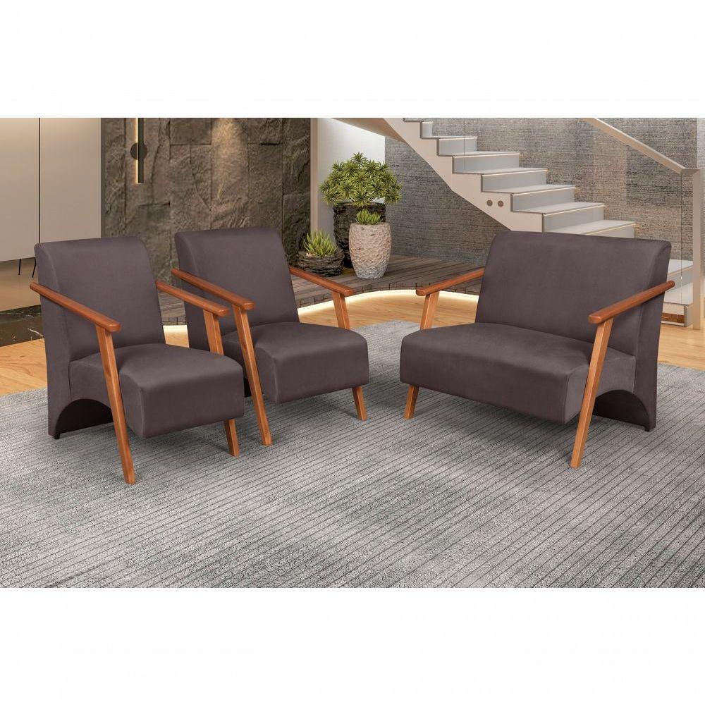 Conjunto Venus Braços Em Madeira Maciça 1 Namoradeira 2 Poltronas Suede Unidecor Marrom - 4