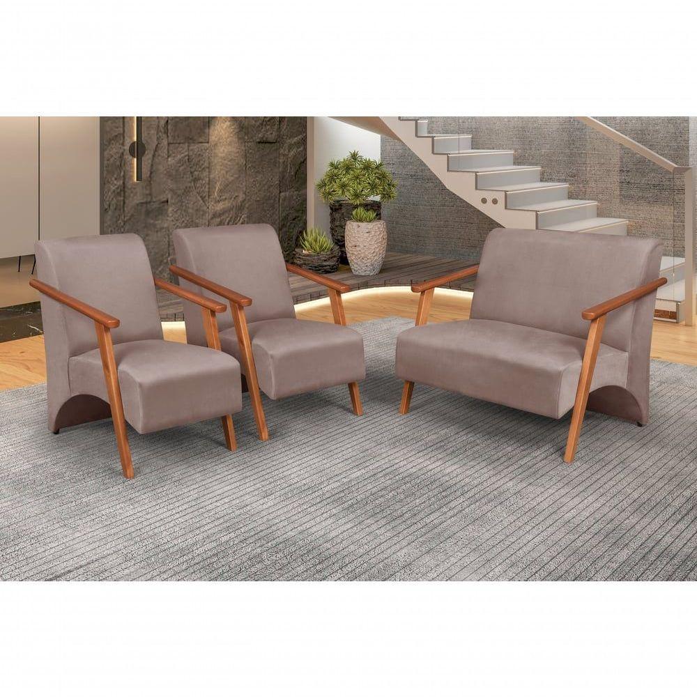 Conjunto Venus Braços Em Madeira Maciça 1 Namoradeira 2 Poltronas Suede Unidecor Cappuccino - 4