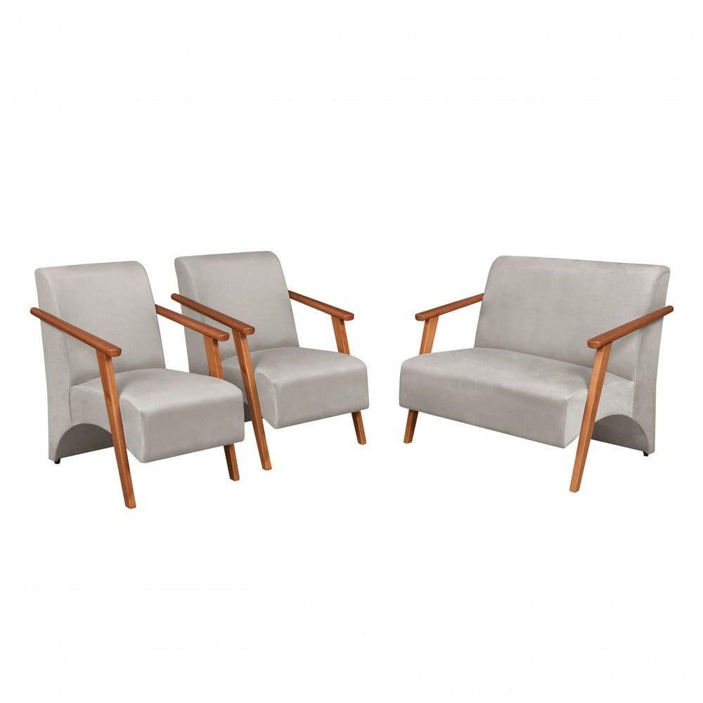 Conjunto Venus Braços Em Madeira Maciça 1 Namoradeira 2 Poltronas Suede Unidecor Bege - 1