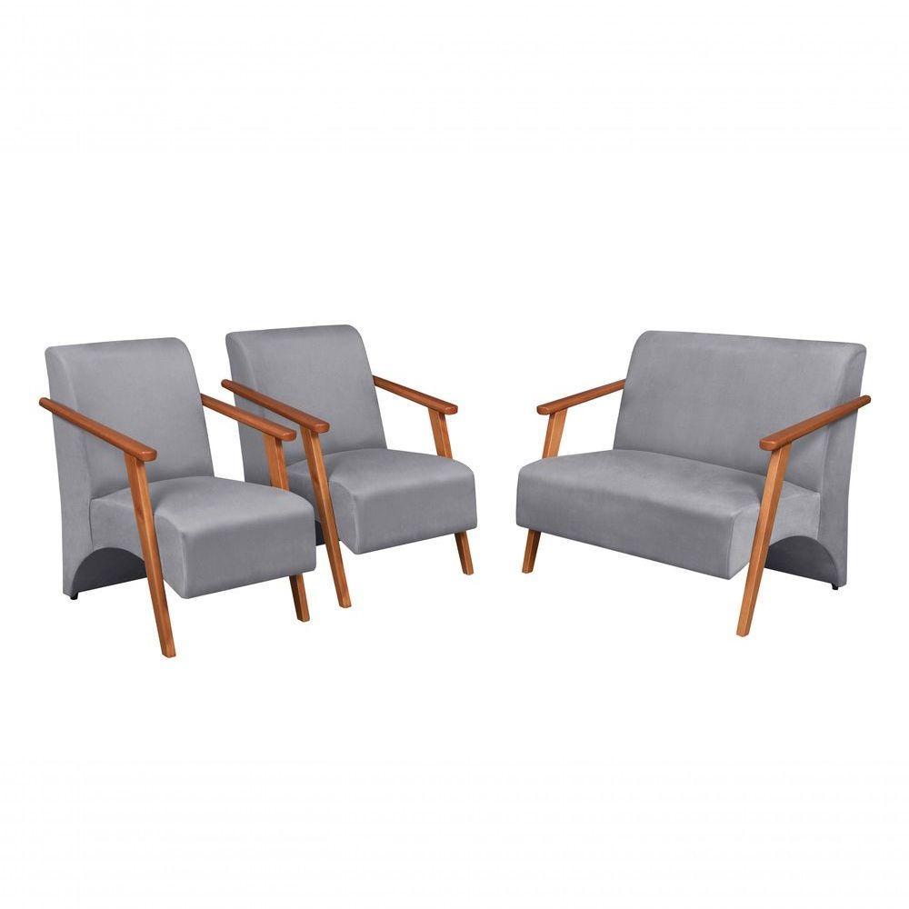 Conjunto Venus Braços Em Madeira Maciça 1 Namoradeira 2 Poltronas Suede Unidecor Grafite - 1