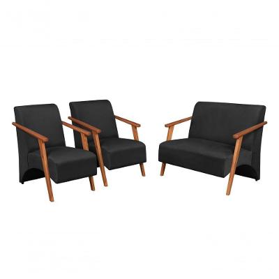 Conjunto Venus Braços Em Madeira Maciça 1 Namoradeira 2 Poltronas Suede Unidecor Preto