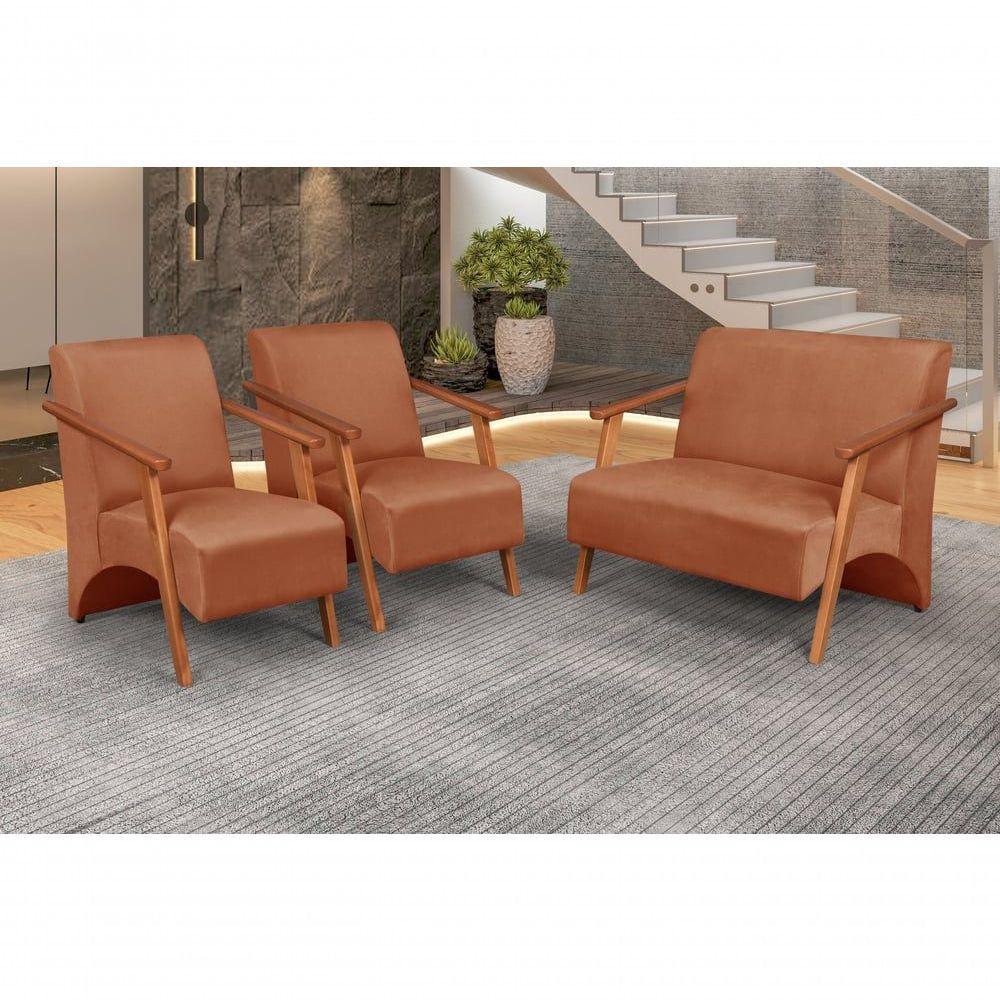 Conjunto Venus Braços Em Madeira Maciça 1 Namoradeira 2 Poltronas Suede Unidecor Terracota - 4