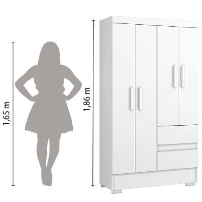 Guarda Roupa Solteiro Coimbra 4 Portas de Bater 2 Gavetas Branco MDP