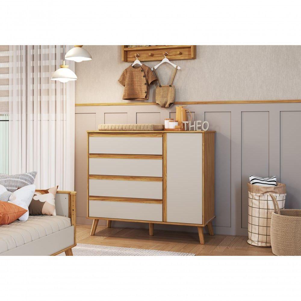 Cômoda Retro Théo 04 Gavetas 01 Porta Mdf Moveis Peroba Amendoa-off White - 4