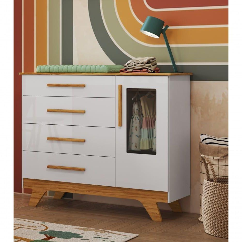 Cômoda 1 Porta 4 Gavetas Retrô - Moveis Peroba Amendoa-branco - 4