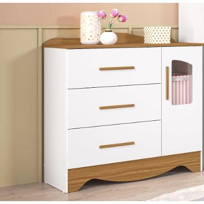 Cômoda Infantil Lisi 3 Gavetas em MDF com Puxador em MDF Amêndoa Branco