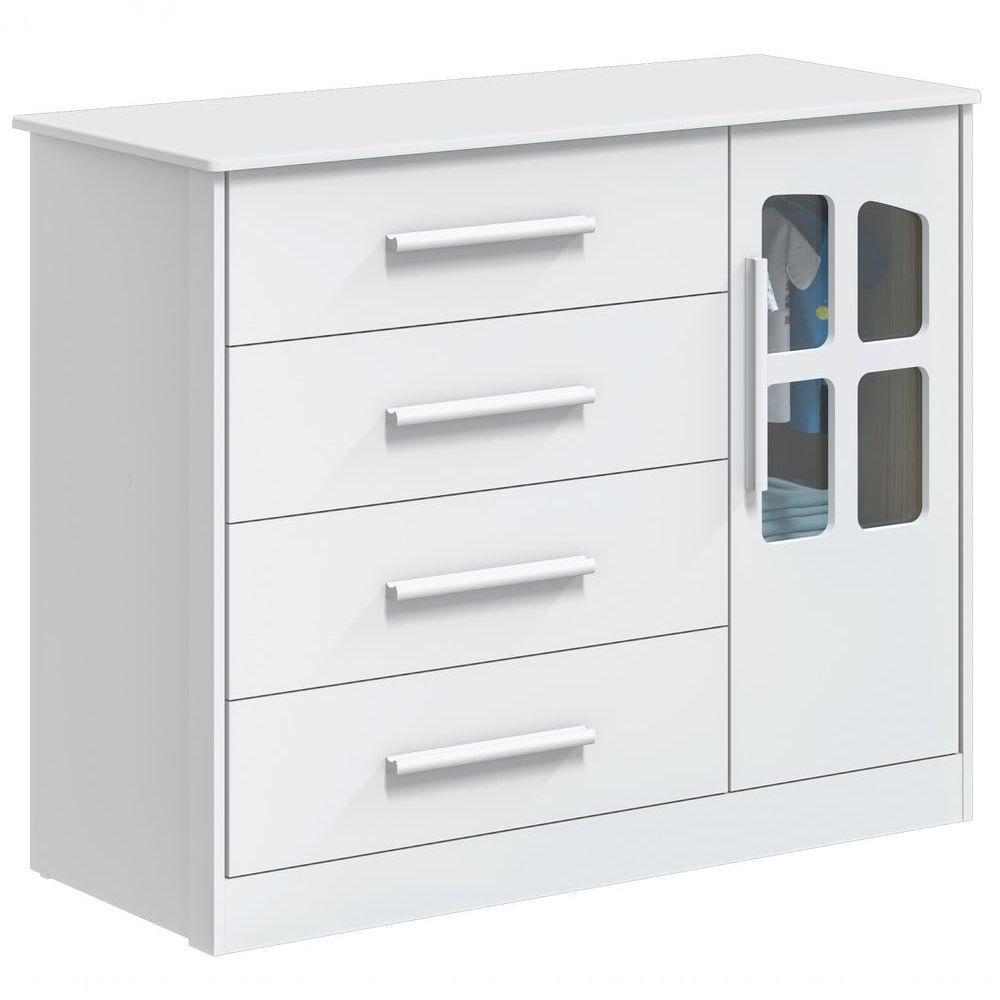Cômoda Infantil Charlô 1 Porta 4 Gavetas - Móveis Peroba Branco Brilho - 1