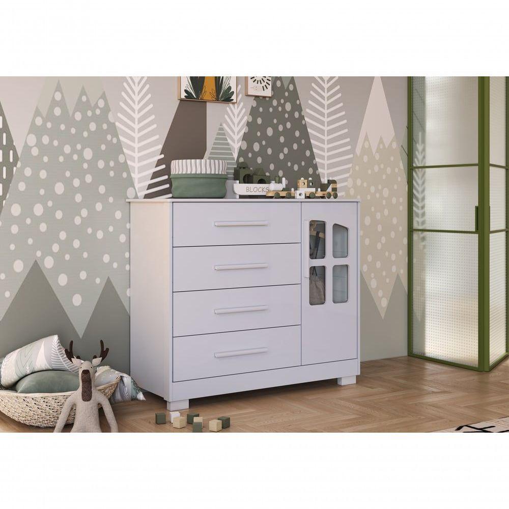 Cômoda Infantil Charlô 1 Porta 4 Gavetas - Móveis Peroba Branco Brilho - 4