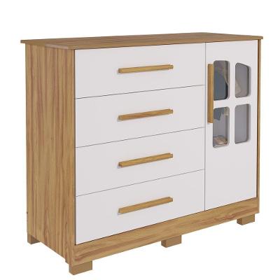 Cômoda Infantil Charlô 4 Gavetas em MDF com Puxador em MDF Amêndoa-branco