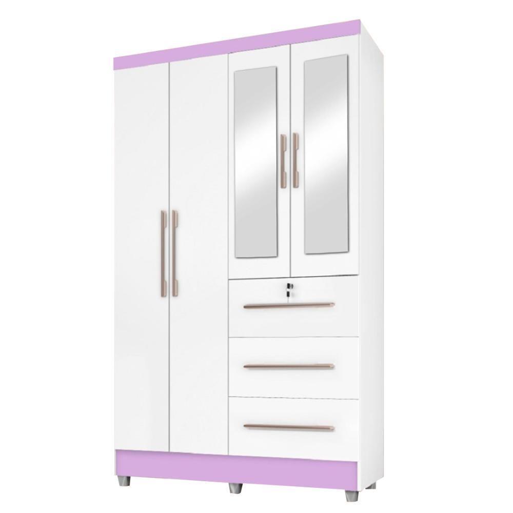 Guarda Roupas Solteiro Com Espelho 4 Portas 3 Gavetas Com Pés Tokio Branco / Branco Lilás Flex Branco - 1