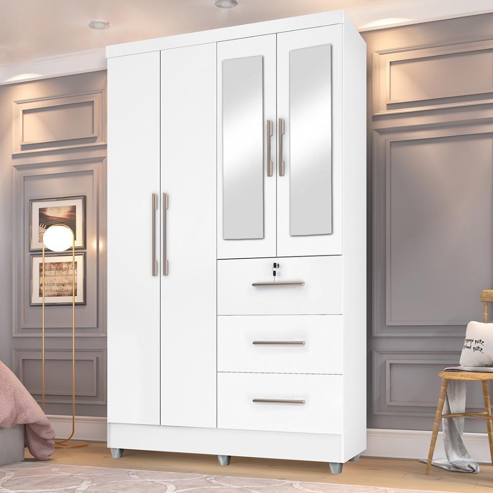 Guarda Roupas Solteiro Com Espelho 4 Portas 3 Gavetas Com Pés Tokio Branco / Branco Lilás Flex Branco - 3