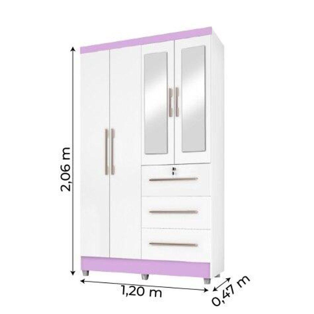 Guarda Roupas Solteiro Com Espelho 4 Portas 3 Gavetas Com Pés Tokio Branco / Branco Lilás Flex Branco - 5