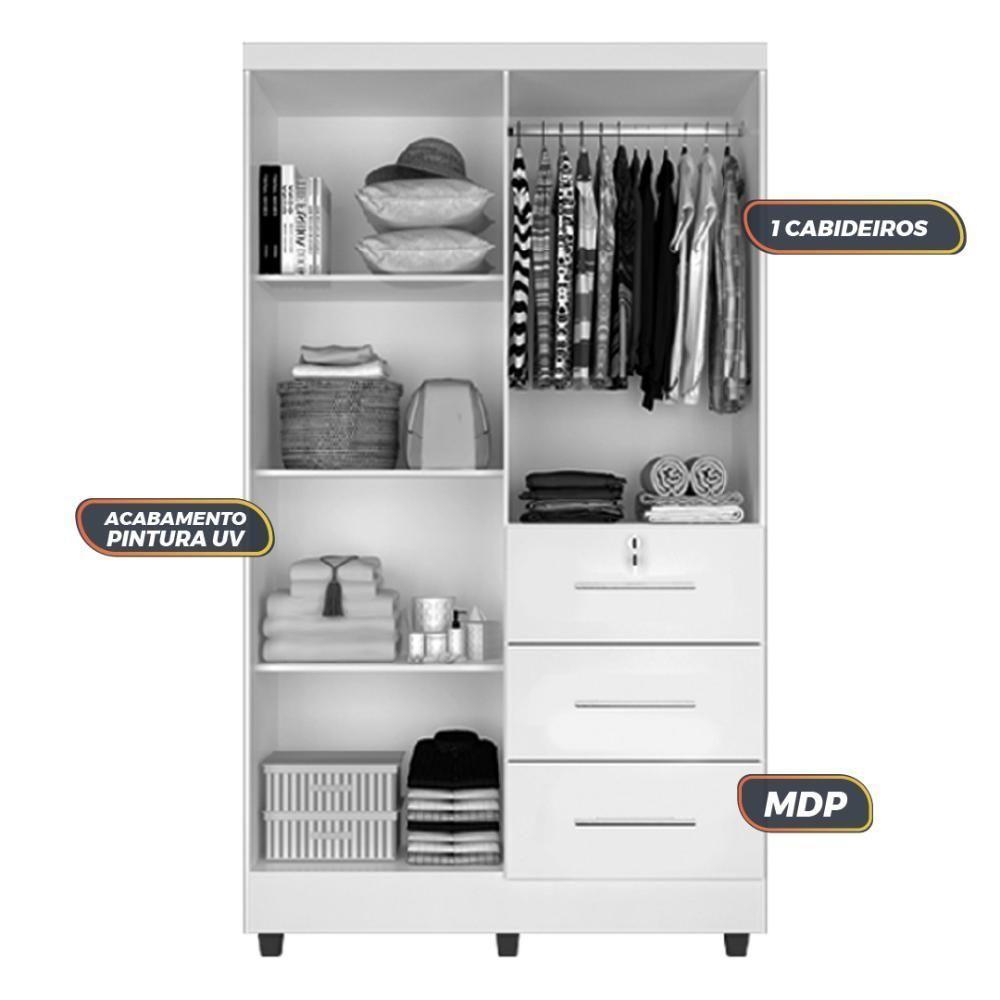 Guarda Roupas Solteiro Com Espelho 4 Portas 3 Gavetas Com Pés Tokio Branco / Branco Lilás Flex Branco - 7