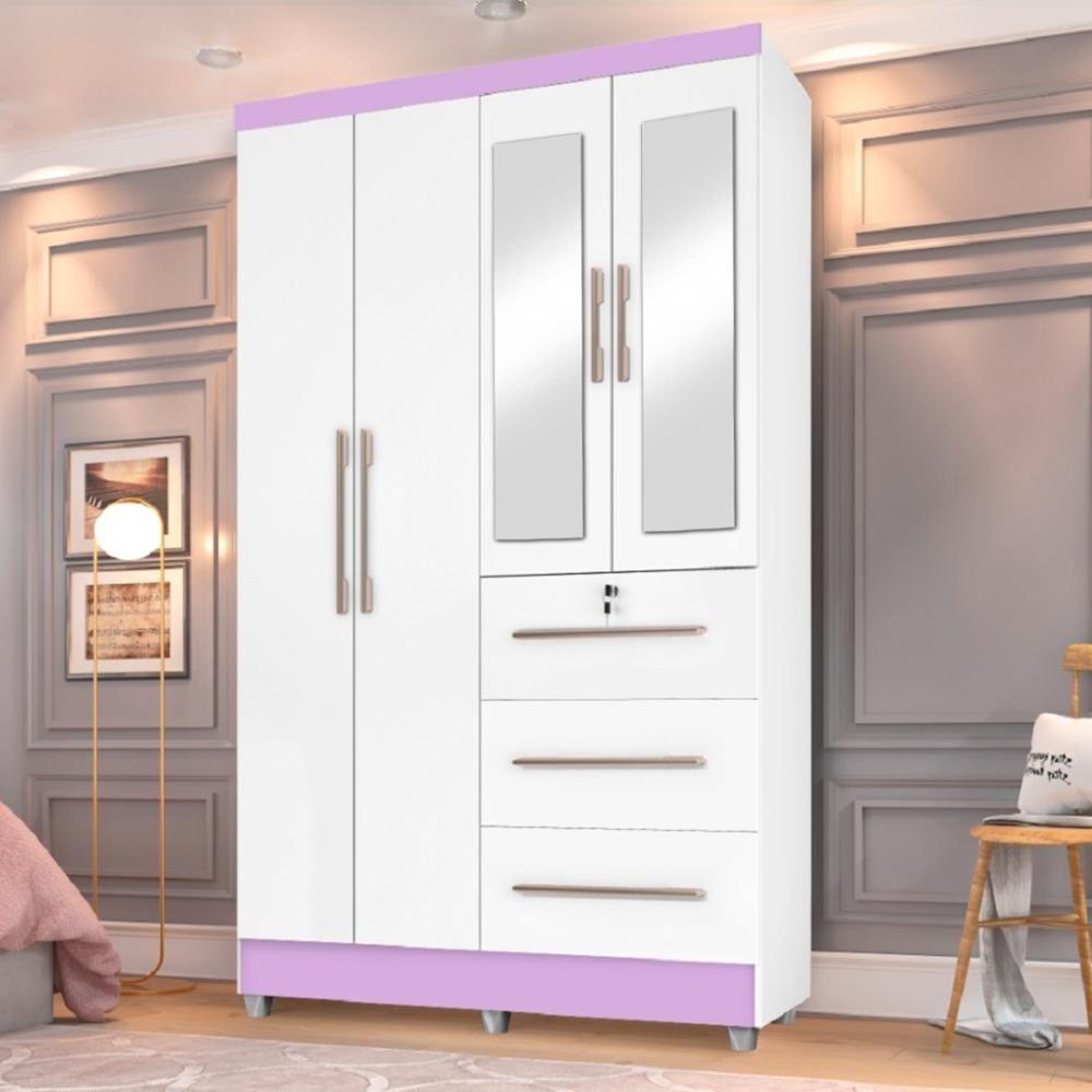 Guarda Roupas Solteiro Com Espelho 4 Portas 3 Gavetas Com Pés Tokio Branco / Branco Lilás Flex Branco - 9