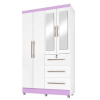 Guarda Roupas Solteiro Com Espelho 4 Portas 3 Gavetas Com Pés Tokio Branco / Branco Lilás Flex Branco - 1