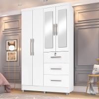 Guarda Roupas Solteiro Com Espelho 4 Portas 3 Gavetas Com Pés Tokio Branco / Branco Lilás Flex Branco