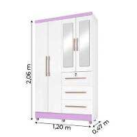 Guarda Roupas Solteiro Com Espelho 4 Portas 3 Gavetas Com Pés Tokio Branco / Branco Lilás Flex Branco - 7