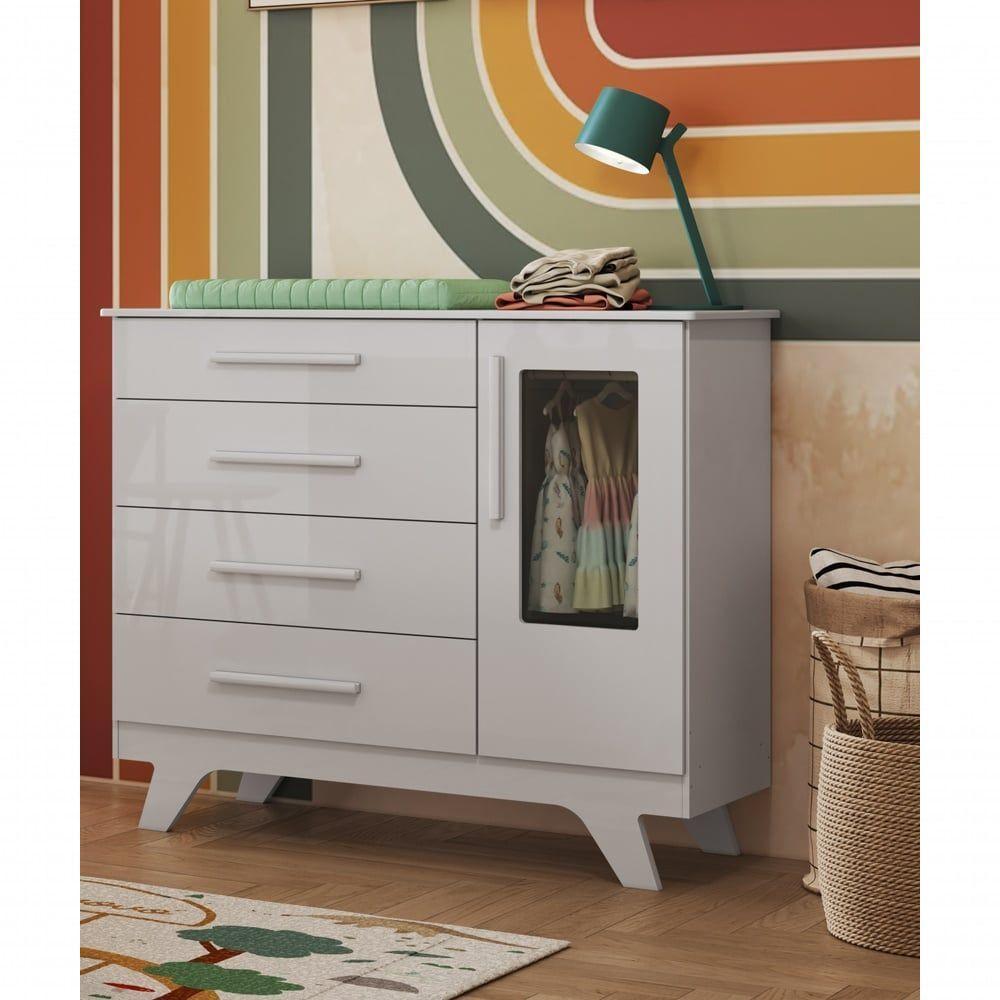 Cômoda 1 Porta 4 Gavetas Retrô - Moveis Peroba Branco Brilho - 4