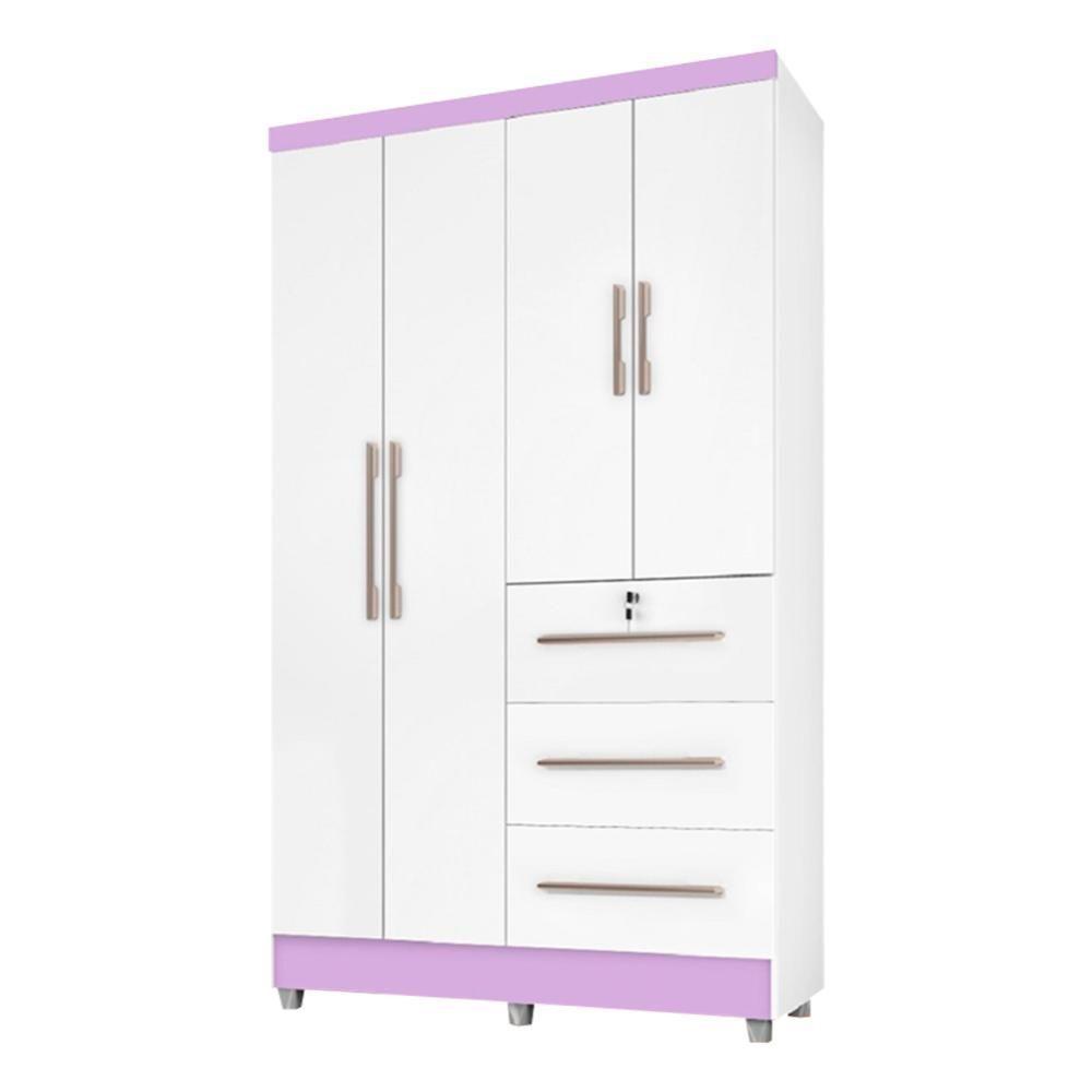 Guarda Roupas Solteiro 4 Portas 3 Gavetas Tokio Branco / Branco Lilás Flex Branco - 7