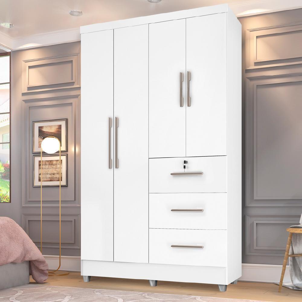 Guarda Roupas Solteiro 4 Portas 3 Gavetas Tokio Branco / Branco Lilás Flex Branco - 9