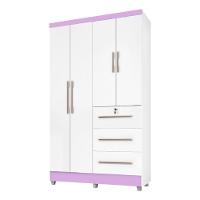 Guarda Roupas Solteiro 4 Portas 3 Gavetas Tokio Branco / Branco Lilás Flex Branco - 7