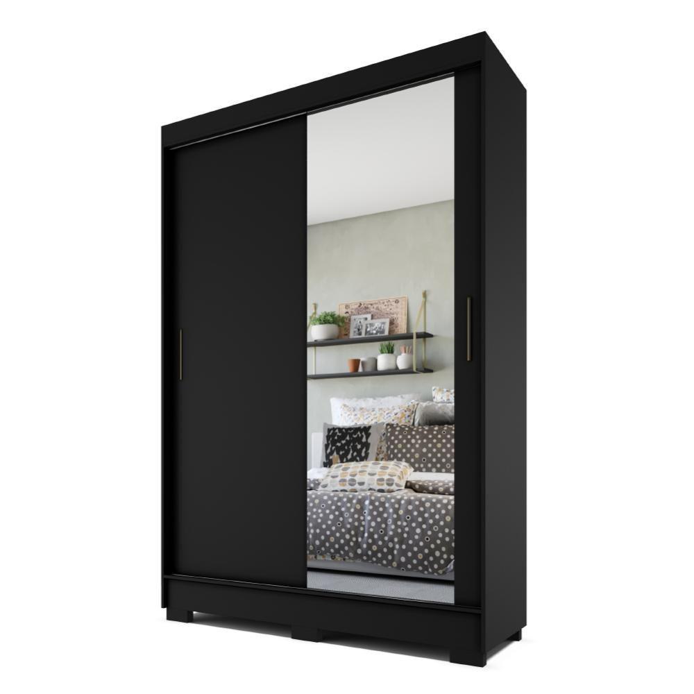 Guarda Roupas Com Espelho 2 Portas De Correr 2 Gavetas Preto - 1