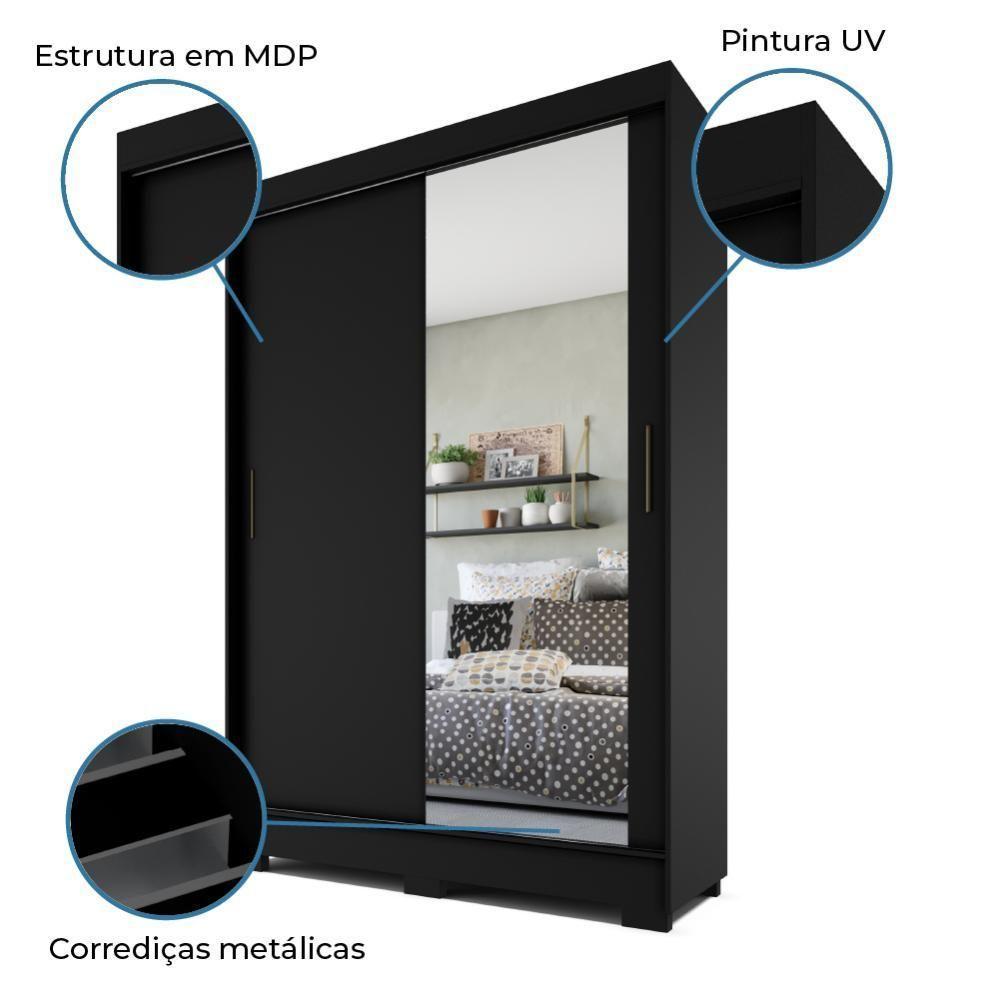 Guarda Roupas Com Espelho 2 Portas De Correr 2 Gavetas Preto - 3