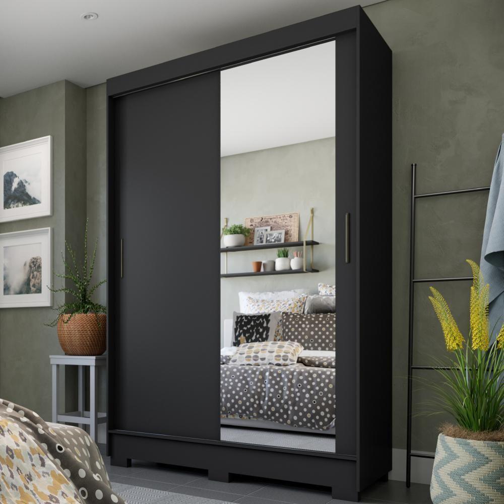 Guarda Roupas Com Espelho 2 Portas De Correr 2 Gavetas Preto - 5