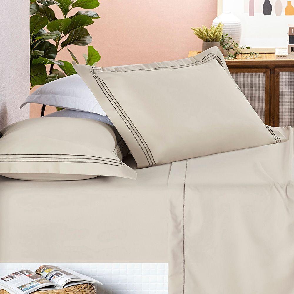 Jogo Cama Lençol Trivio Queen 400 Fios Bordado Fronhas Aba Americana 4 Peças Bege - 1