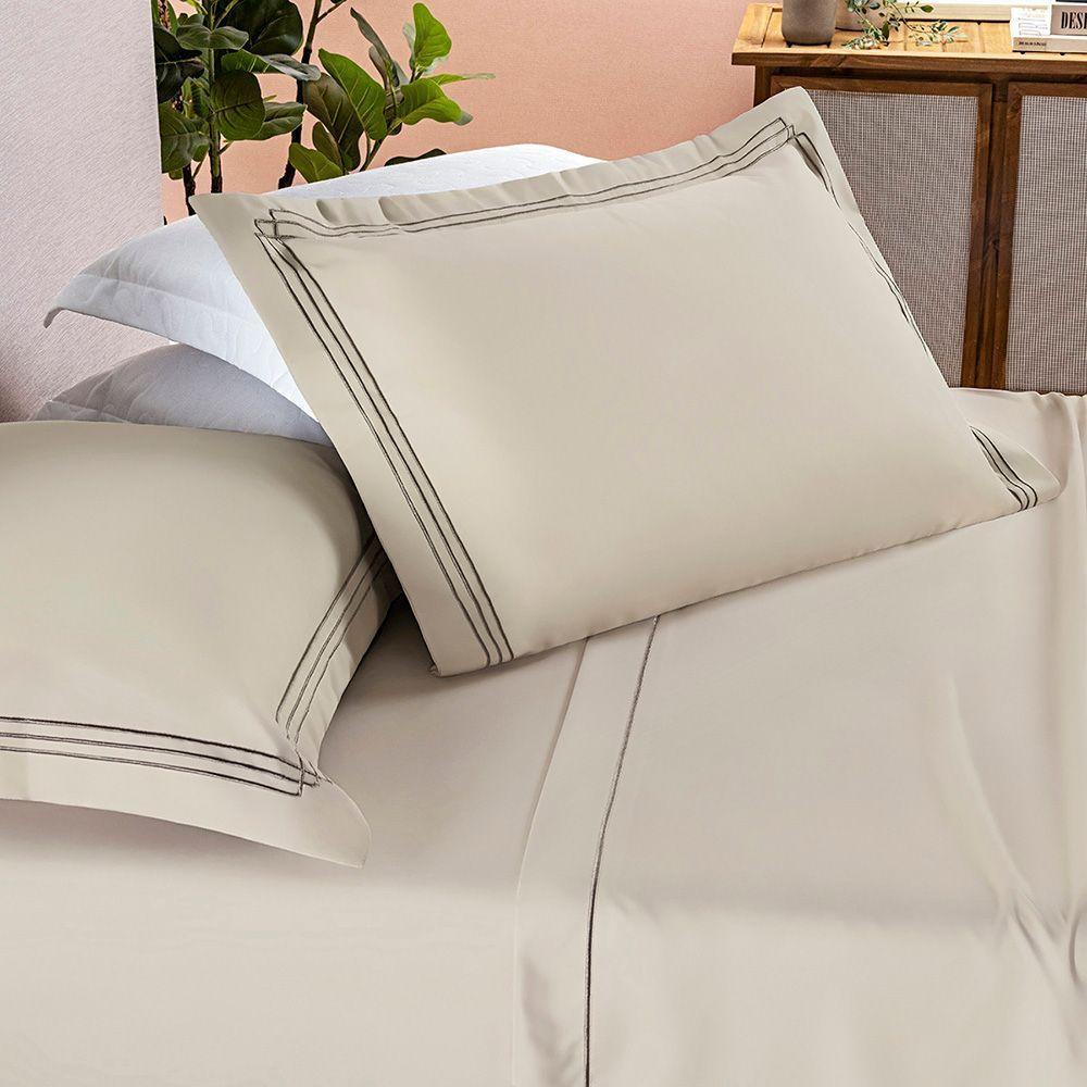 Jogo Cama Lençol Trivio Queen 400 Fios Bordado Fronhas Aba Americana 4 Peças Bege - 2