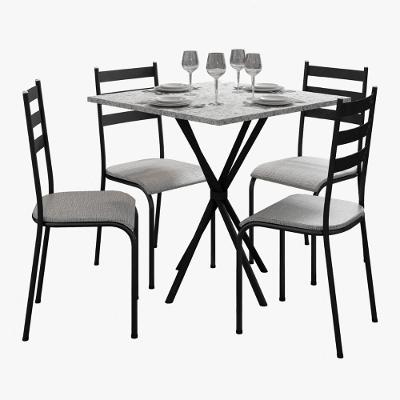 Kit Mesa Diamante 541 Sala De Jantar 4 Cadeiras Pés Tubular Cinza Preto