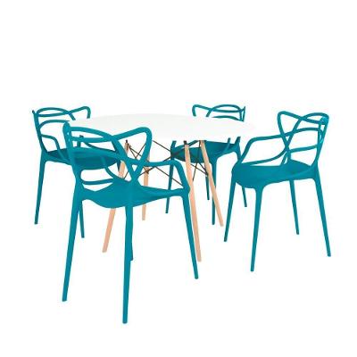 Conjunto Mesa De Jantar Redonda Eiffel Branca 120cm Com 4 Cadeiras Allegra - Turquesa