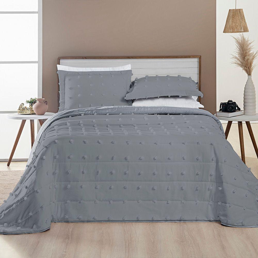 Cobre Leito Colcha King Pompom 3 Peças Cinza- 100% Poliéster - 2