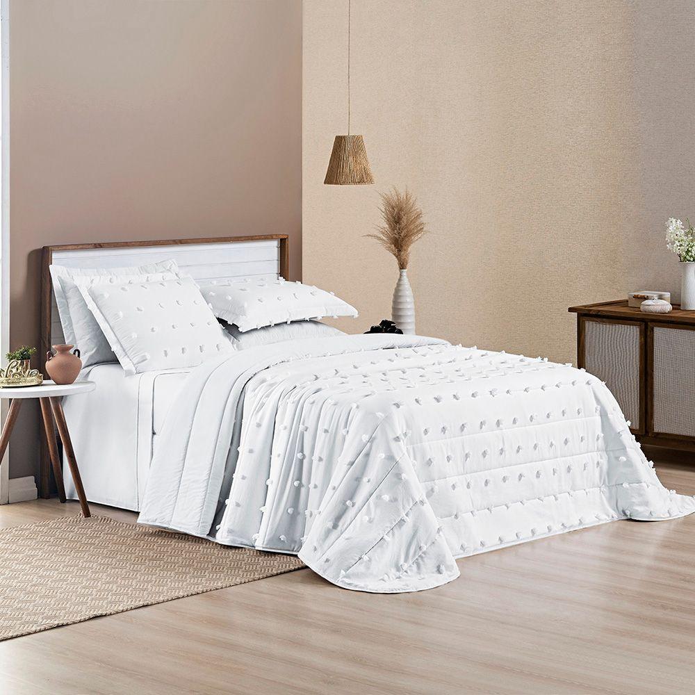 Cobre Leito Colcha Queen Pompom 3 Peças Branco - 100% Poliéster - 3