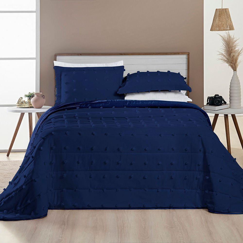 Cobre Leito Colcha Padrão Pompom 3 Peças Marinho - 100% Poliéster - 1