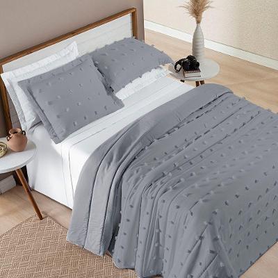 Cobre Leito Colcha Queen Pompom 3 Peças Cinza - 100% Poliéster