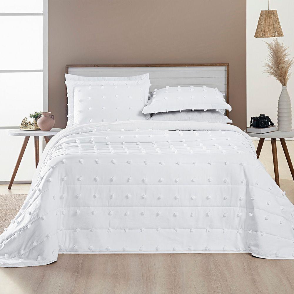 Cobre Leito Colcha Padrão Pompom 3 Peças Branco - 100% Poliéster - 2