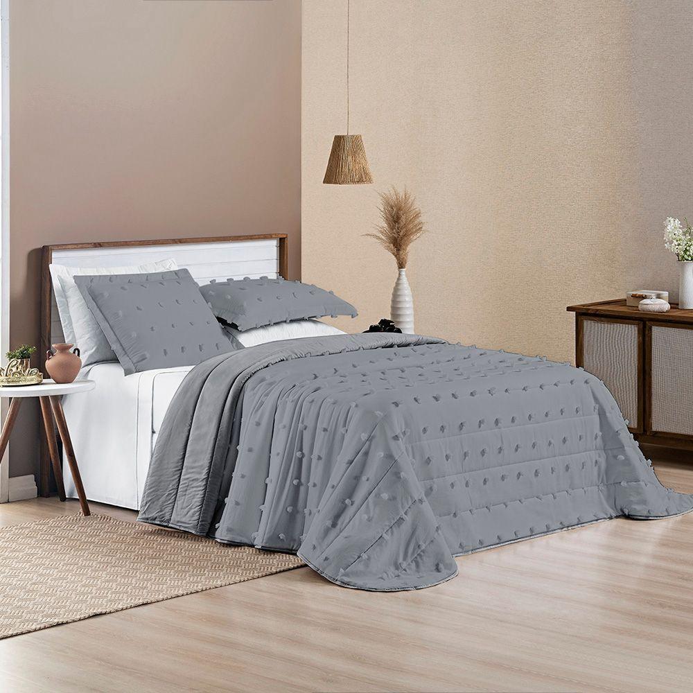 Cobre Leito Colcha Padrão Pompom 3 Peças Cinza - 100% Poliéster - 2