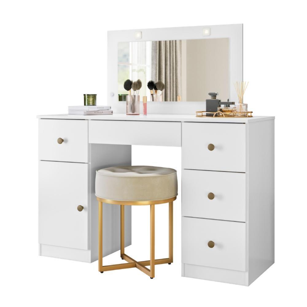 Penteadeira Com Espelho Led Camarim Sonhos 5 Gavetas 1 Porta Branco Moval Branco - 1
