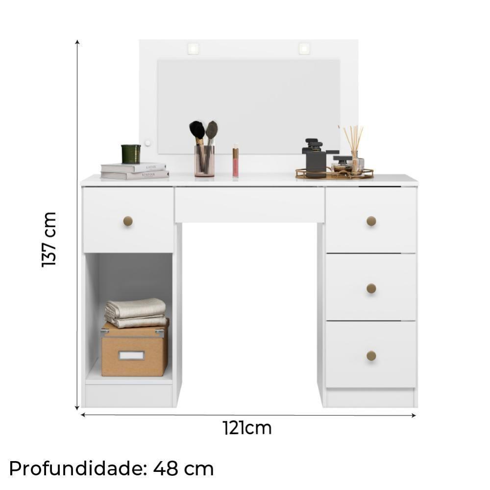 Penteadeira Com Espelho Led Camarim Sonhos 5 Gavetas 1 Porta Branco Moval Branco - 4