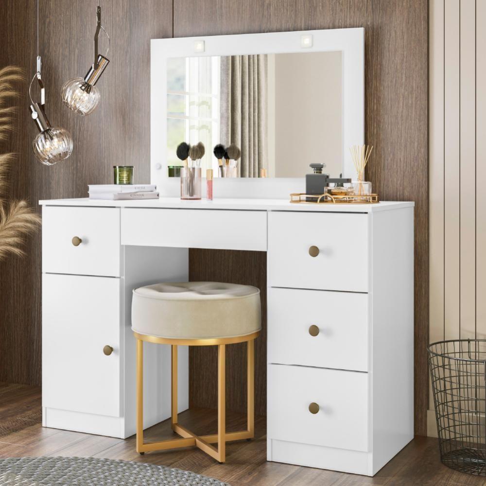 Penteadeira Com Espelho Led Camarim Sonhos 5 Gavetas 1 Porta Branco Moval Branco - 5