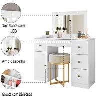 Penteadeira Com Espelho Led Camarim Sonhos 5 Gavetas 1 Porta Branco Moval Branco - 2